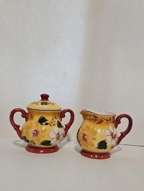 Hand-Painted Floral Sugar Bowl & Creamer Set in Yellow and Red